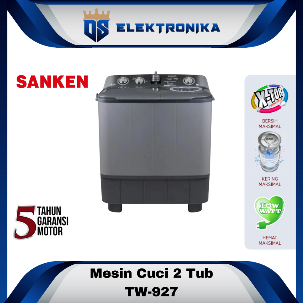 Mesin Cuci Sanken 2 Tabung TW-927HGY Kapasitas 9 Kg Mesin Cuci Low Watt Hijab Series Low Watt 250 Wa