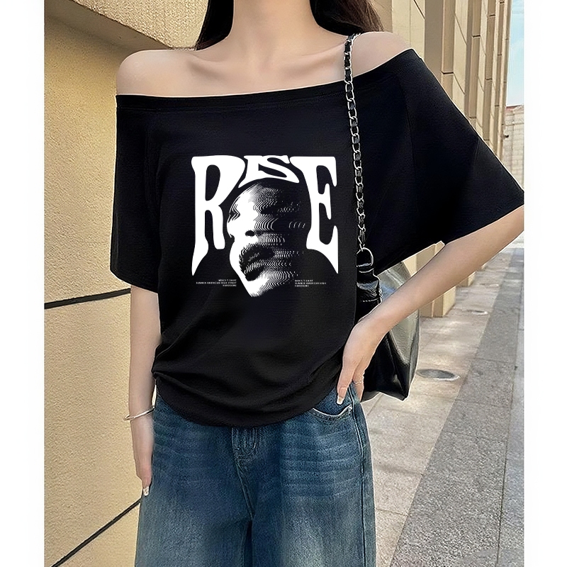 Lovful - Kaos sablon hitam wanita kekinian | Atasan nyaman desain bahu terbuka | Bju atasan cewek ke