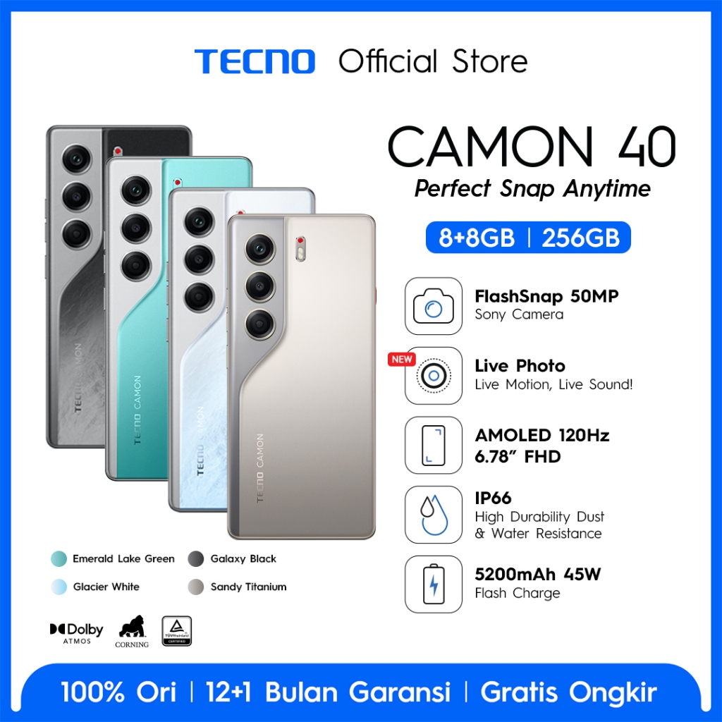 [FLASHSNAP] TECNO CAMON 40 8+8GB*256 GB, 50MP Sony + 8MP Ultra Wide Camera, 32MP Front Camera, 120hz