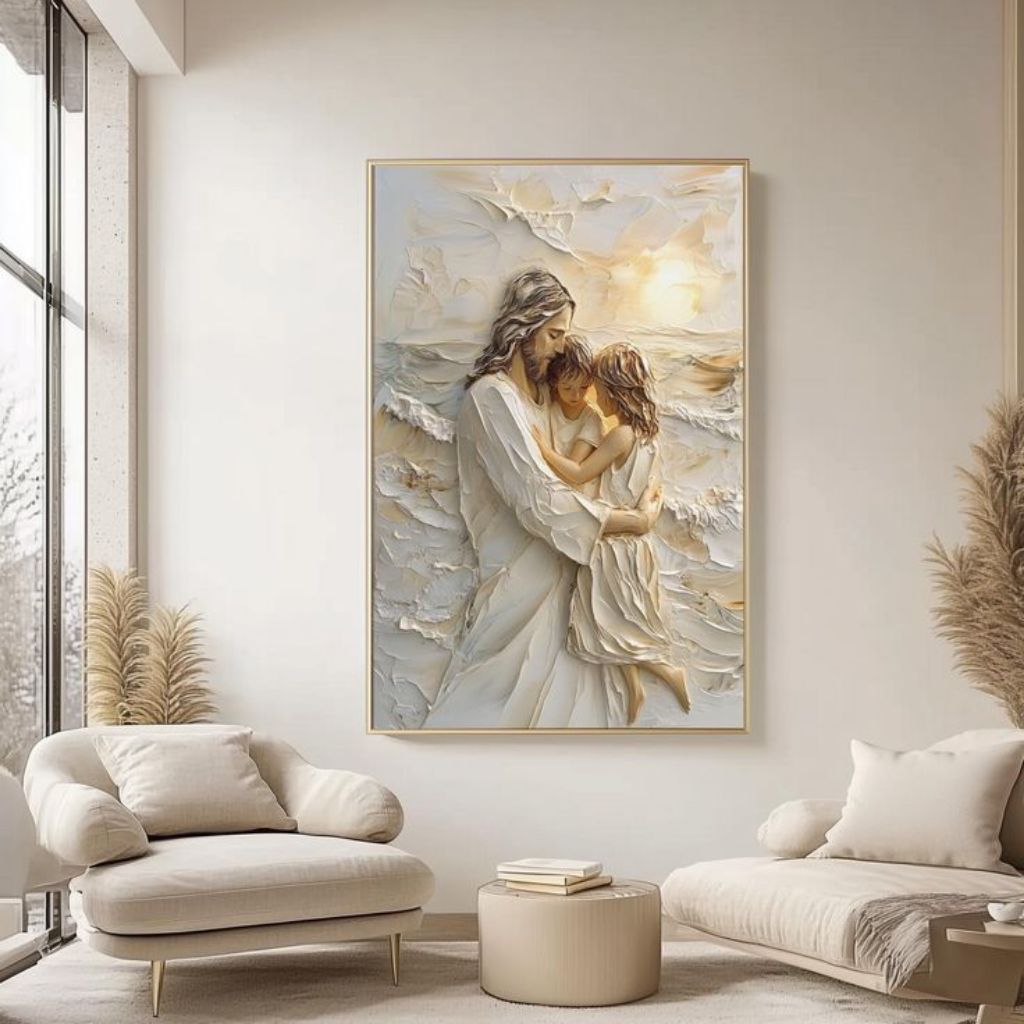 ( Kode 03 ) Lukisan Dinding Tuhan Yesus Menggendong Anak Kecil - Tekstur Timbul Relief 3D