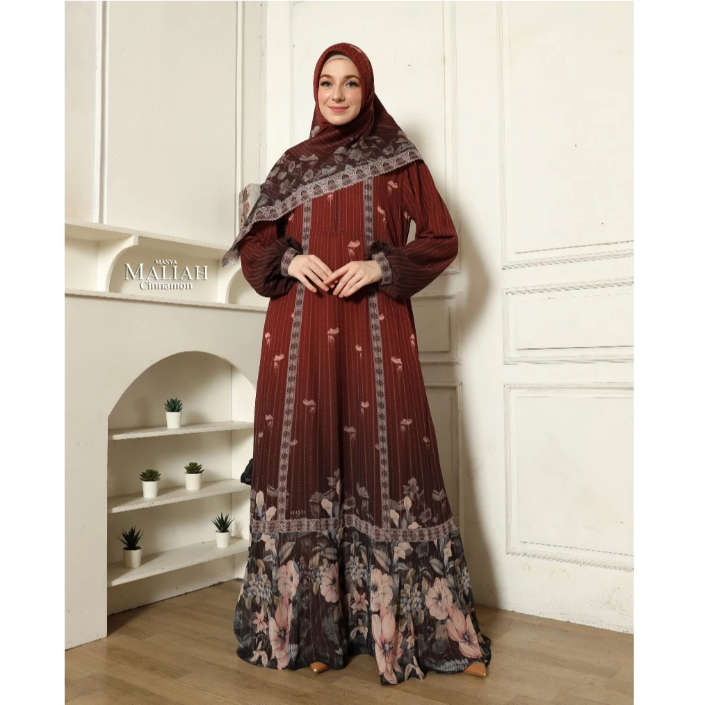 Set Gamis Dress Ceruty Babydoll Printing Premium Syari Branded Mewah Masya Syari Original Maliah Ter