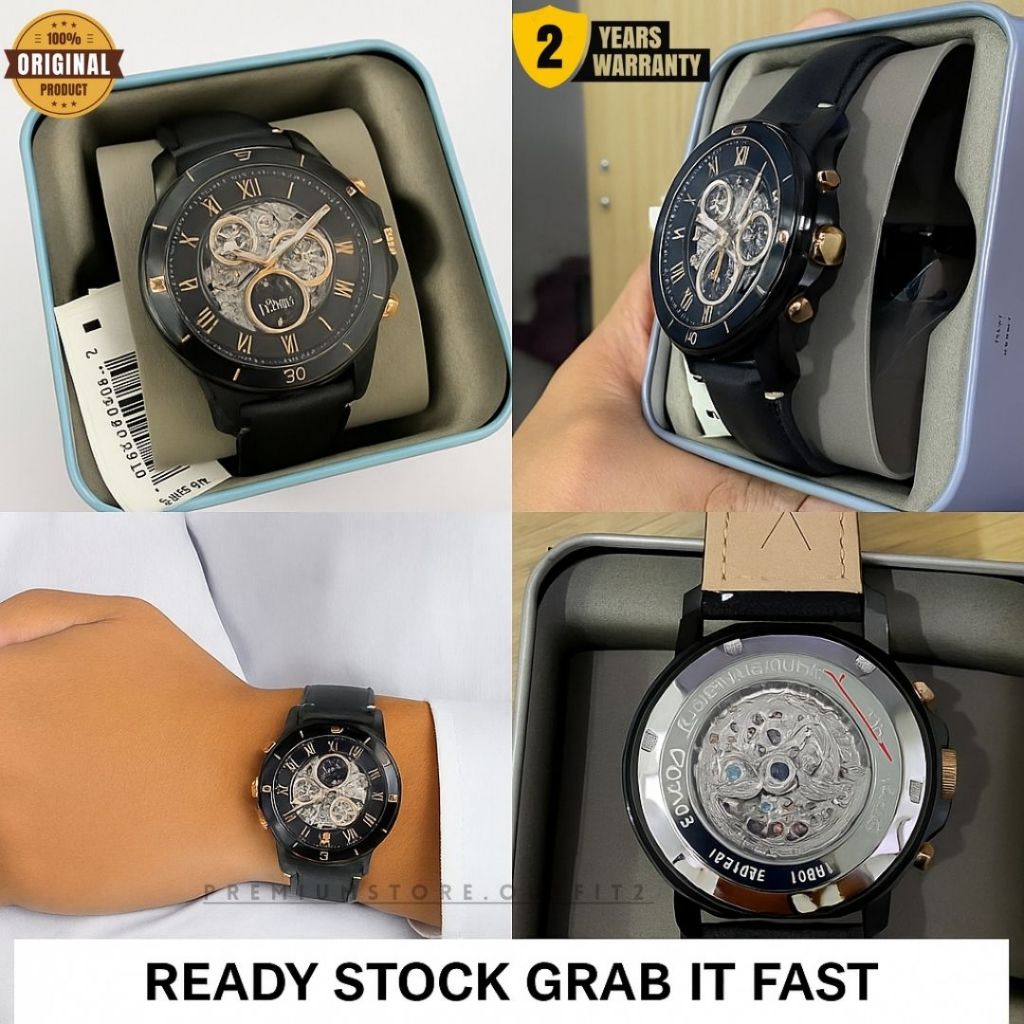 Jam Tangan Pria Automatic Skeleton Hitam Elegan Kulit Asli Sporty Original Fullset Garansi 2 Tahun M