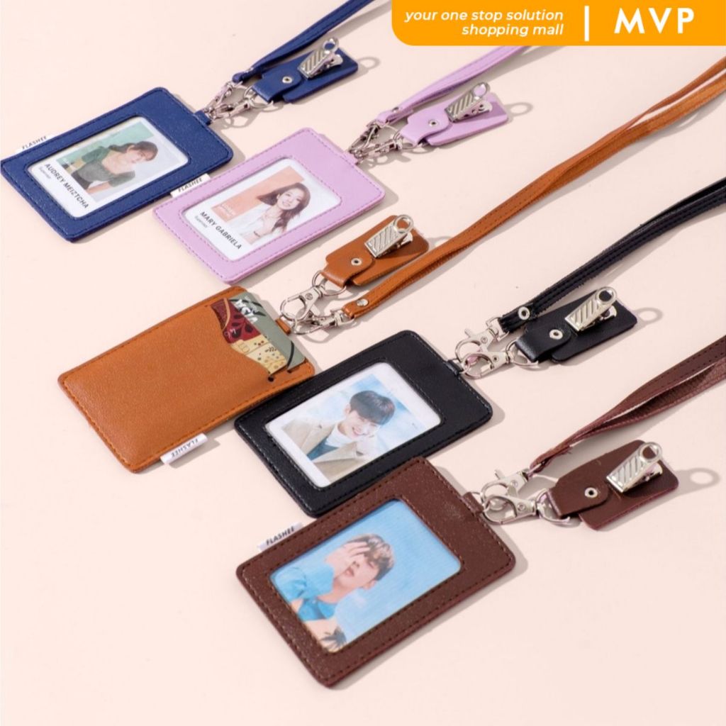MVP Lanyard ID Card Holder Kulit Termasuk Tali Dan Penjepit Name Tag Kulit Navy Dan Abu