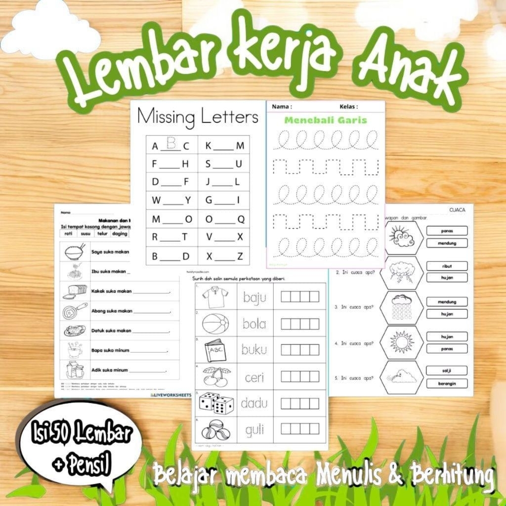 50 lembar worksheet/Lembar kerja anak/anak TK/Anak SD bonus pensil 2b