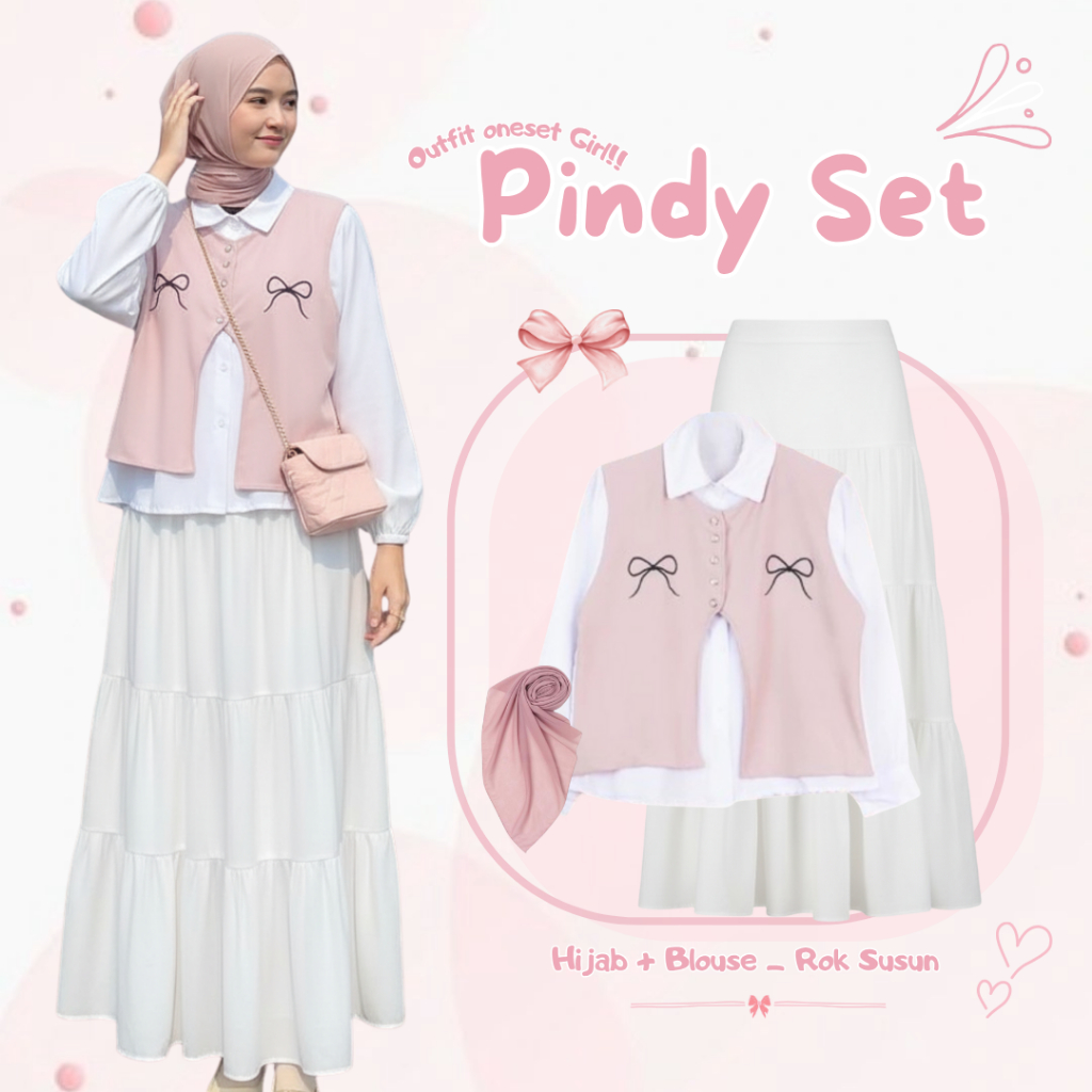One set 3in1 setelan wanita Pink ( Blouse Bordir + Rok susun putih + hijab segi empat ) AM240N