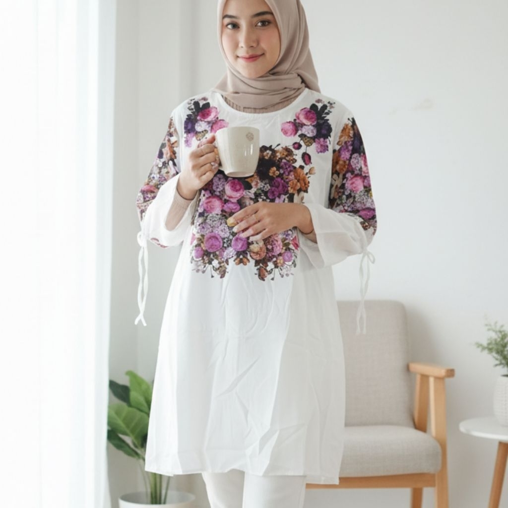 Baju Wanita Tunik Motif bunga C-385