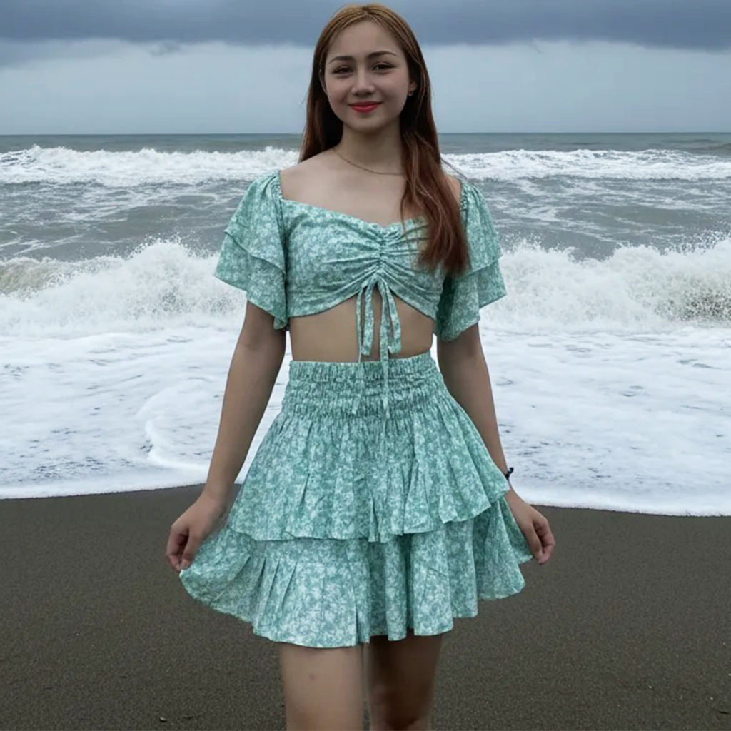 Setelan rok pantai Bali wanita serut tumpuk oneset