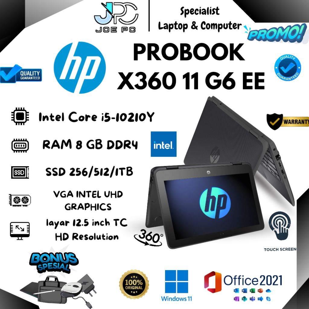 Laptop Tablet 2in1 HP Probook X360 11 G6 EE Core i5 Gen 10th RAM 8GB SSD 1TB Layar 12in Touchscreen 