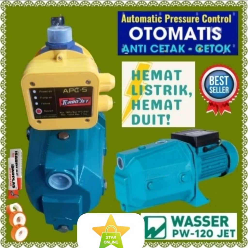 Garansi pompa air semi jet pump Wasser PW 120 JET 100 watt 1" inch automatic pressure control pump A