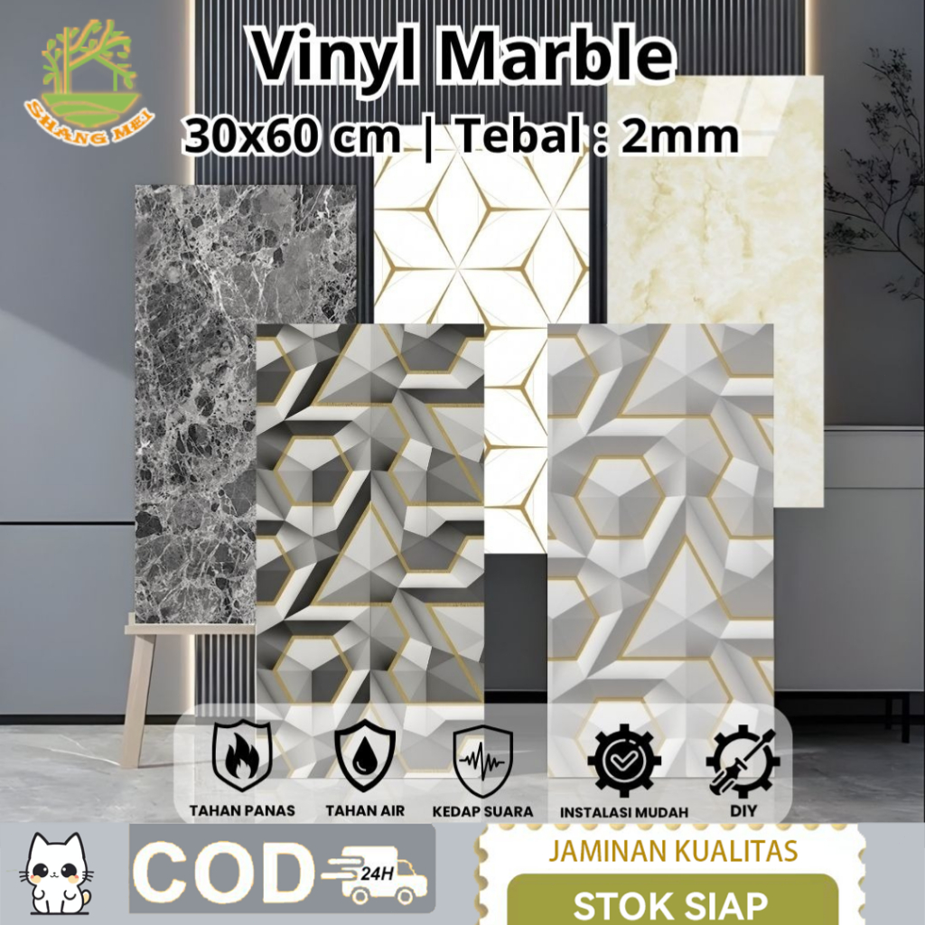 Wallpaper Dinding Vinyl Marble 30 X 60 cm Lemari Granit Stiker Lantai Keramik Kamar Mandi Motif Kayu