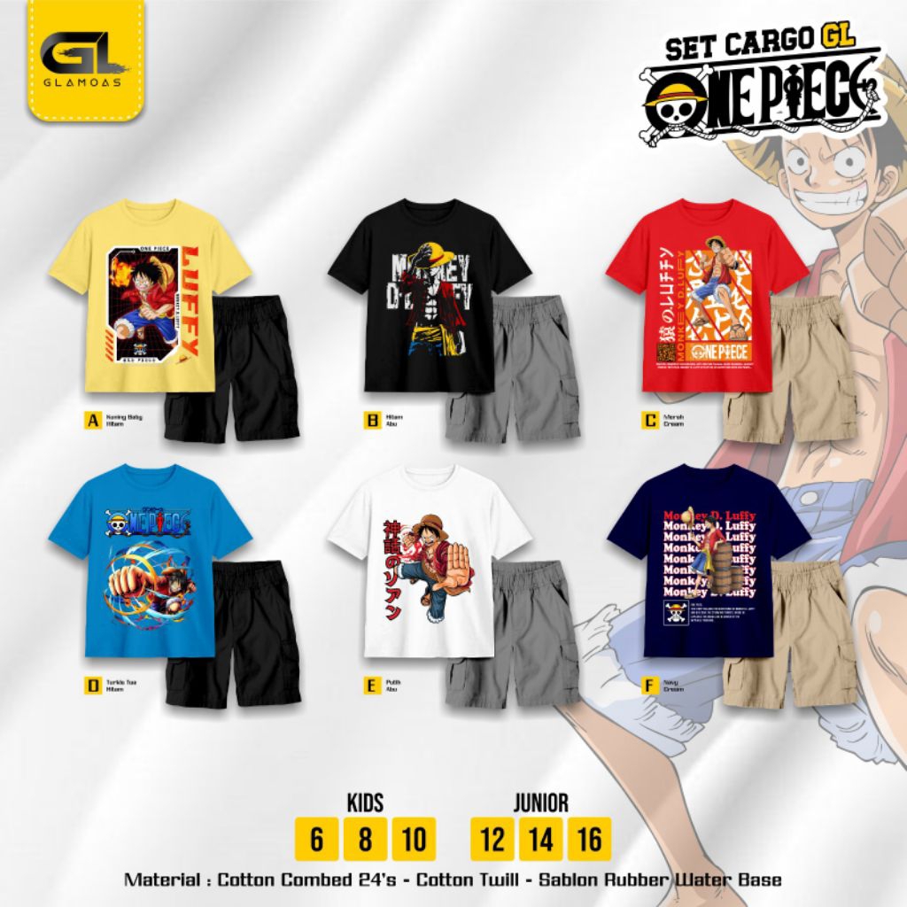 Setelan Anak Cowok Kaos One  Piece Celana Cargo Pendek Glamoas 5-15 tahun
