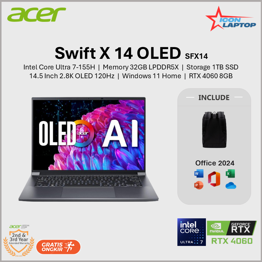 Acer Swift X 14 OLED SFX14 Ultra 7-155H RTX 4060 32GB 1TB SSD 14.5" 2.8K 120Hz OLED WIN 11