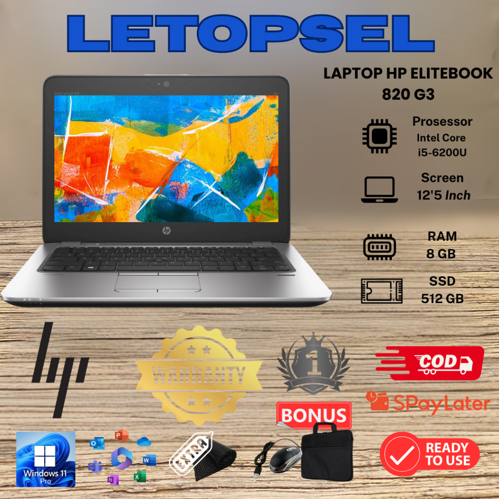Laptop HP EliteBook 820 G3 Core i5 Gen 6 8GB/512GB/BONUS TAS LAPTOP & MOUSE