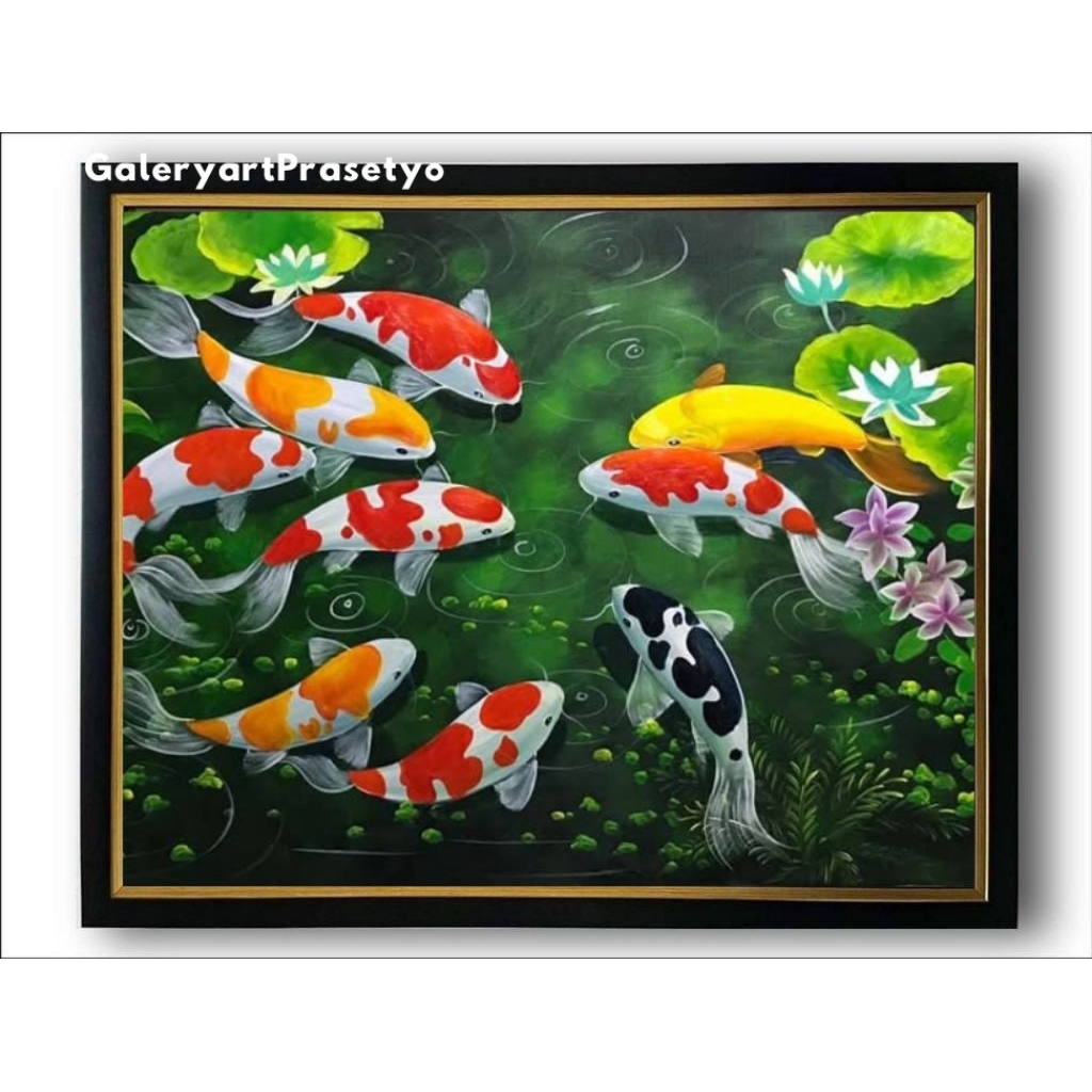Hiasan Dinding Plus Bingkai Uk:95cm x 65cm Lukisan Cetak Ikan Koi Keberuntungan Terbaru Jumbo