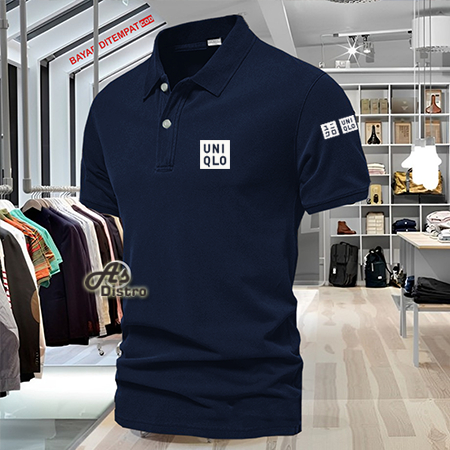 Baju Distro Style Polo Kerah Uniqlo + Lengan Text Putih Kaos Polo T Shirt Denim Premium Quality Atas