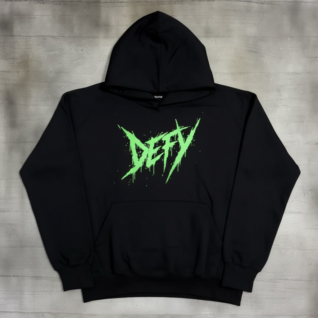 Hoodie Distro Oversize DEFY Neon Green Jumper Pria/Wanita Bahan Fleece Tebal Premium