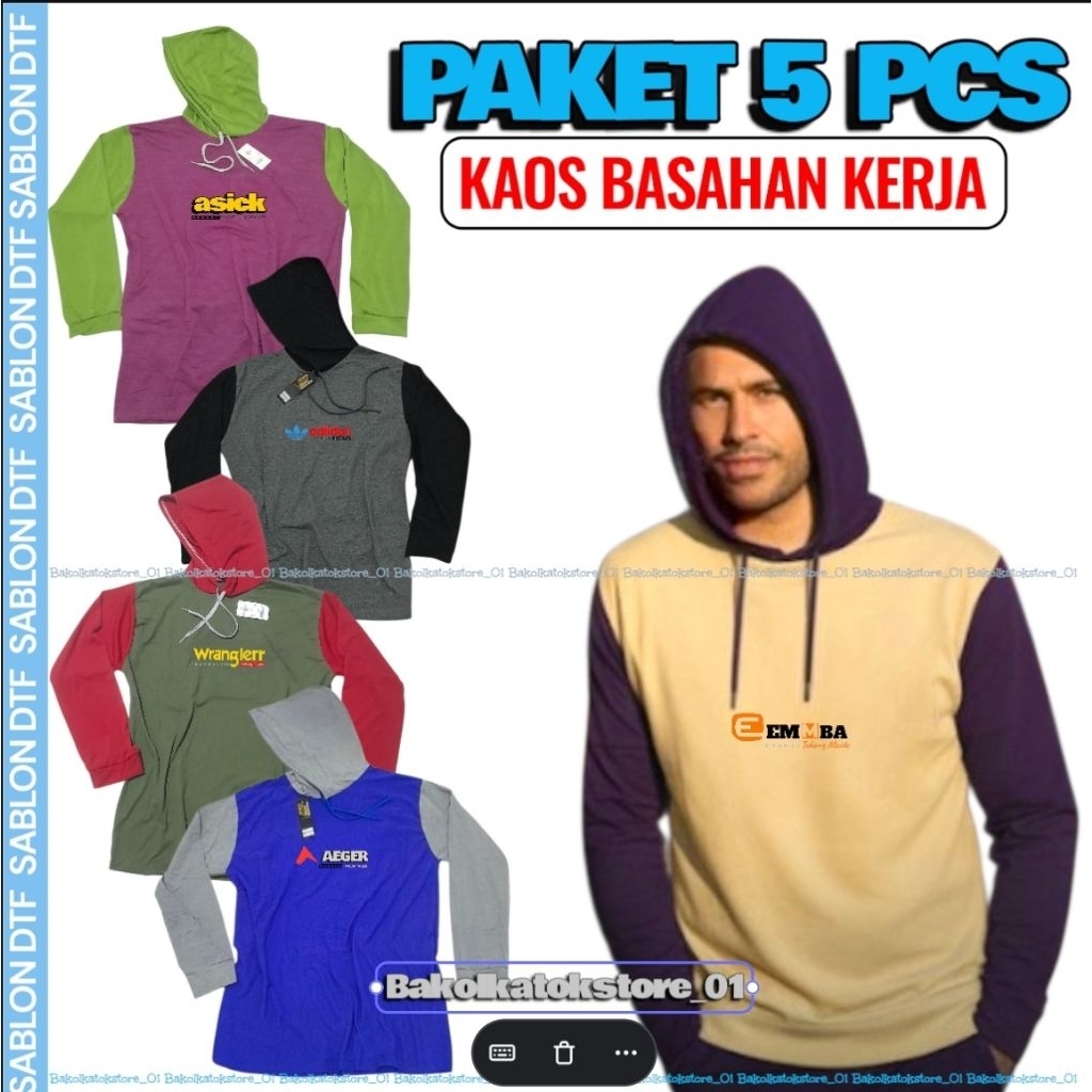 Paket 5 Pcs - Baju Kaos Tani berKupluk Kaos Lengan Panjang Kaos Pria Dewasa Campur Gambar Sablon DTF