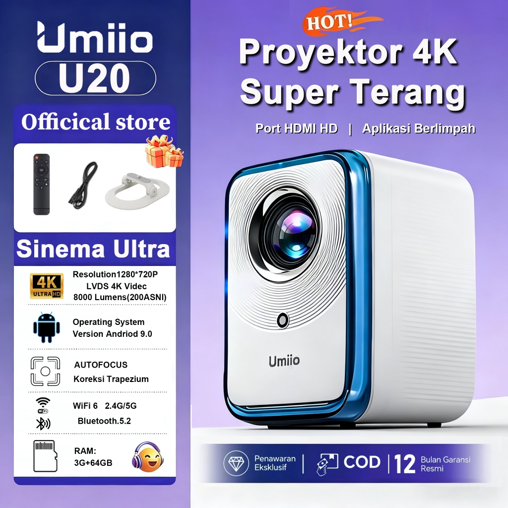 [NEW UPGRADE]Umiio A007/U20 Proyektor Android TV 4k Full Hd 1080P HDMI 1200ANS Lumens Smart Projecto