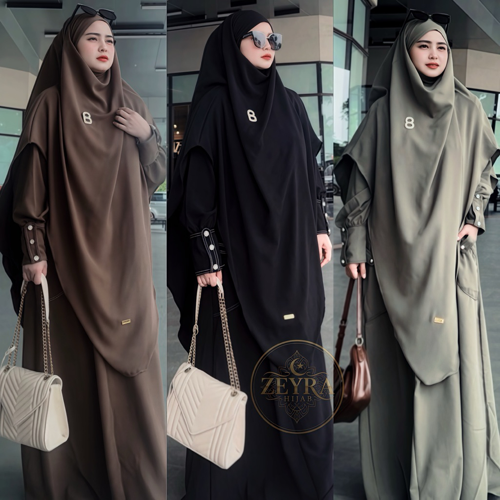 Zeyra Abaya Set French Khimar Syar’i Anti UV Premium, Kualitas Grade A, Gamis Lebaran, Gamis Haji Um
