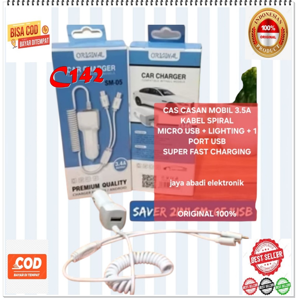 C142  ORI 100%  ADAPTOR ADSS SAVER 3.5A 3IN1 3A CAR CHARGER SPIRAL SPRING TRAVEL ADAPTER CAS CASAN M