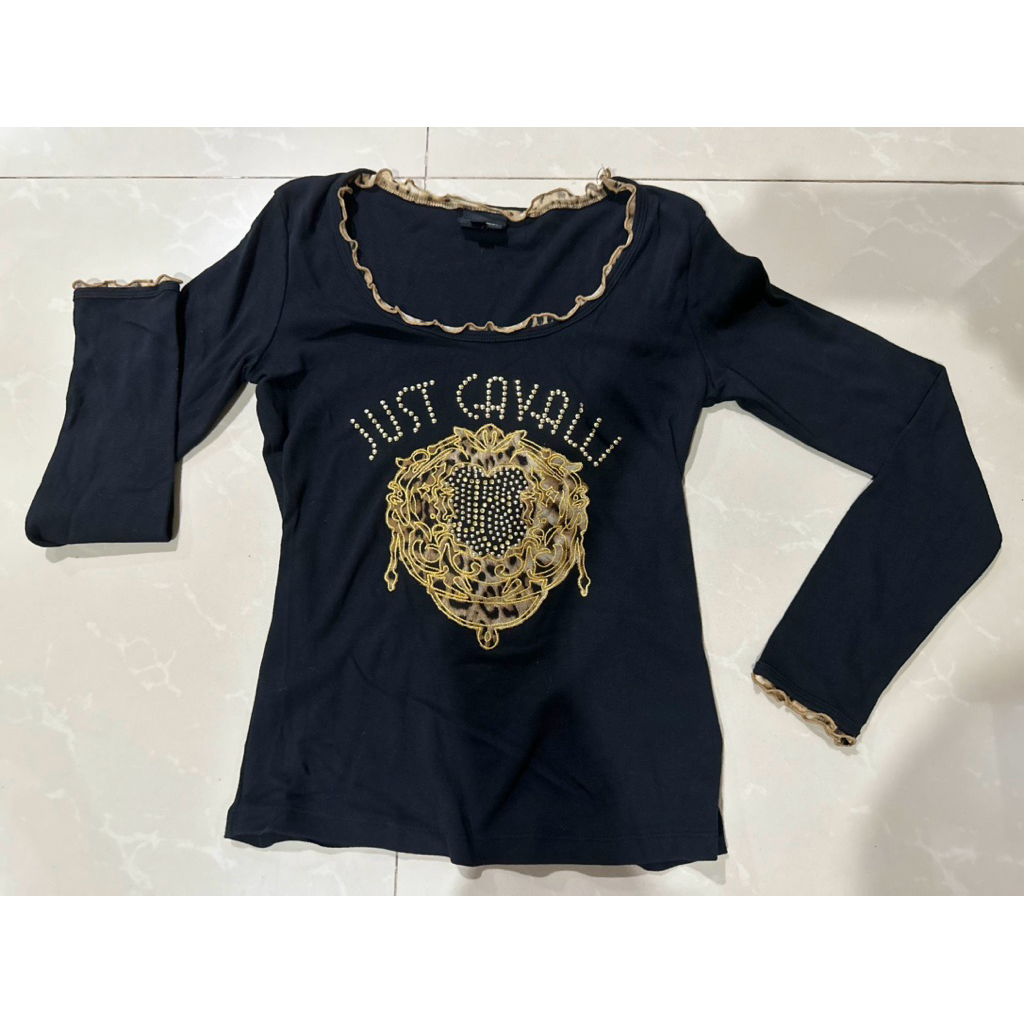 JUST CAVALLI baju kaos lengan panjang hitam gold