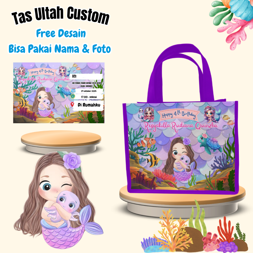 Paket 30 Tas Ultah Ulang Tahun Anak Free Undangan Murah Unik Kekenian Custom Nama  Mermaid Foto Muat