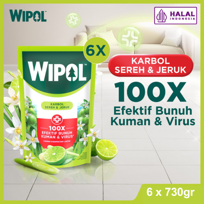 Wipol Pembersih Lantai Cairan Disinfektan Teruji Dermatologis Sereh & Jeruk 730gr  x6