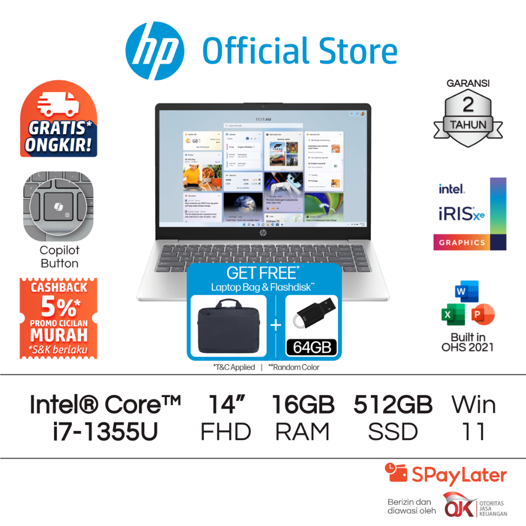 Laptop HP Intel Core i7 Iris X 8GB / 16GB RAM 512GB SSD Silver / Blue Windows 11 Home 14 Inch / 15 I
