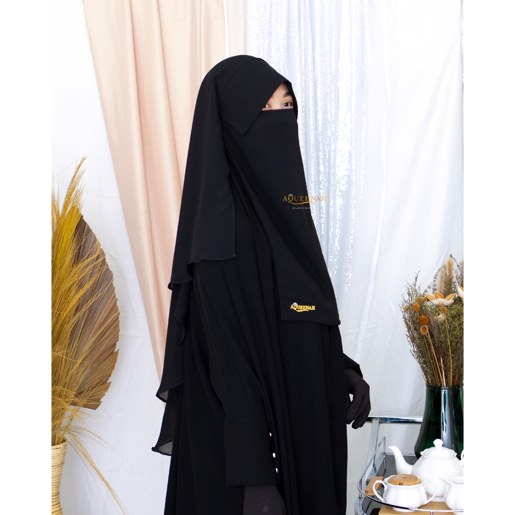 Aqueenah - Cadar Yaman Poni Sifon Silk Jetblack Purdah Amira Niqab Poni Safar Premium
