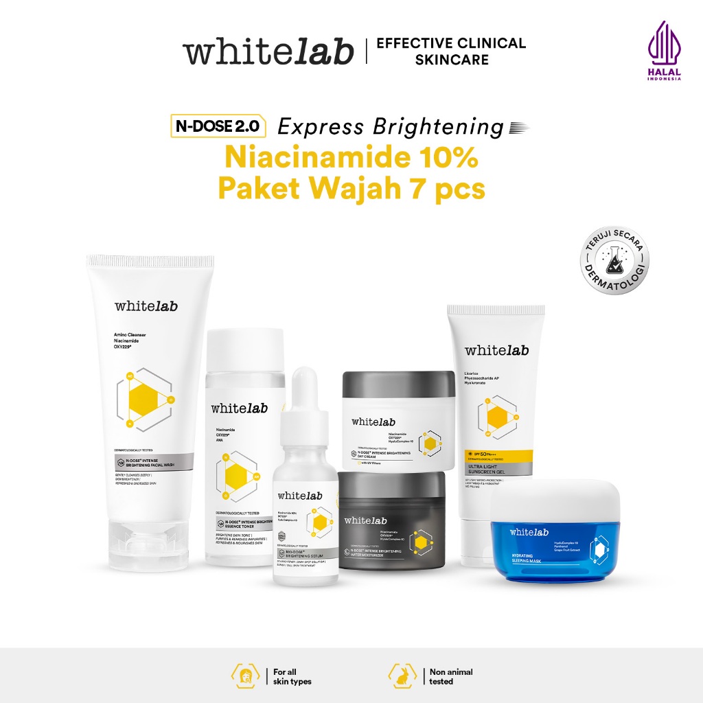 Whitelab Paket Wajah Brightening Niacinamide Facial Wash, Toner, Serum, Moisturizer, Sunscreen, Slee