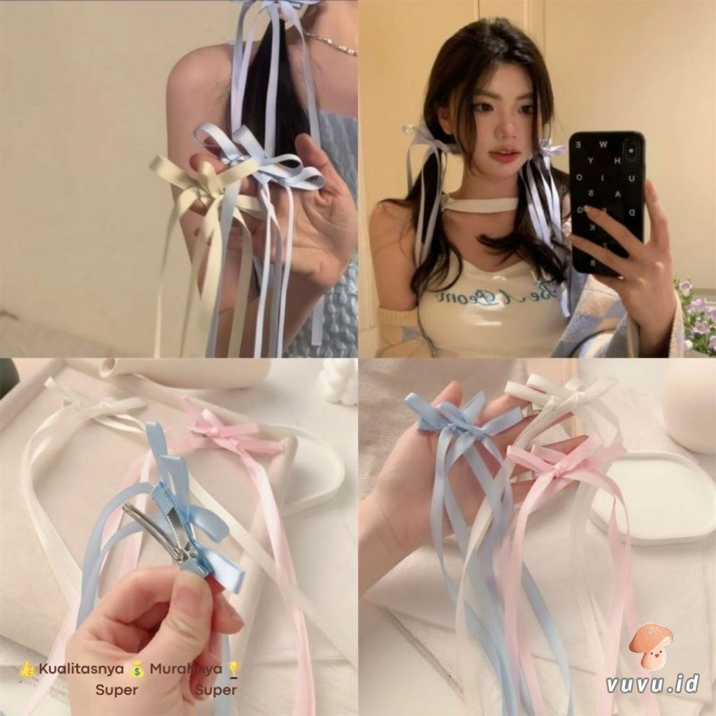 Sepasang Jepit rambut pita panjang / jepit rambut pita untai twist braid simpul long jepitan rambut 