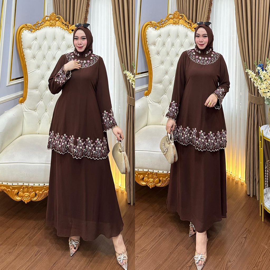 Abiba Dress Set Hijab Motif Bunga Bordir Ceruty Gamis Elegan Pesta Ukuran Jumbo