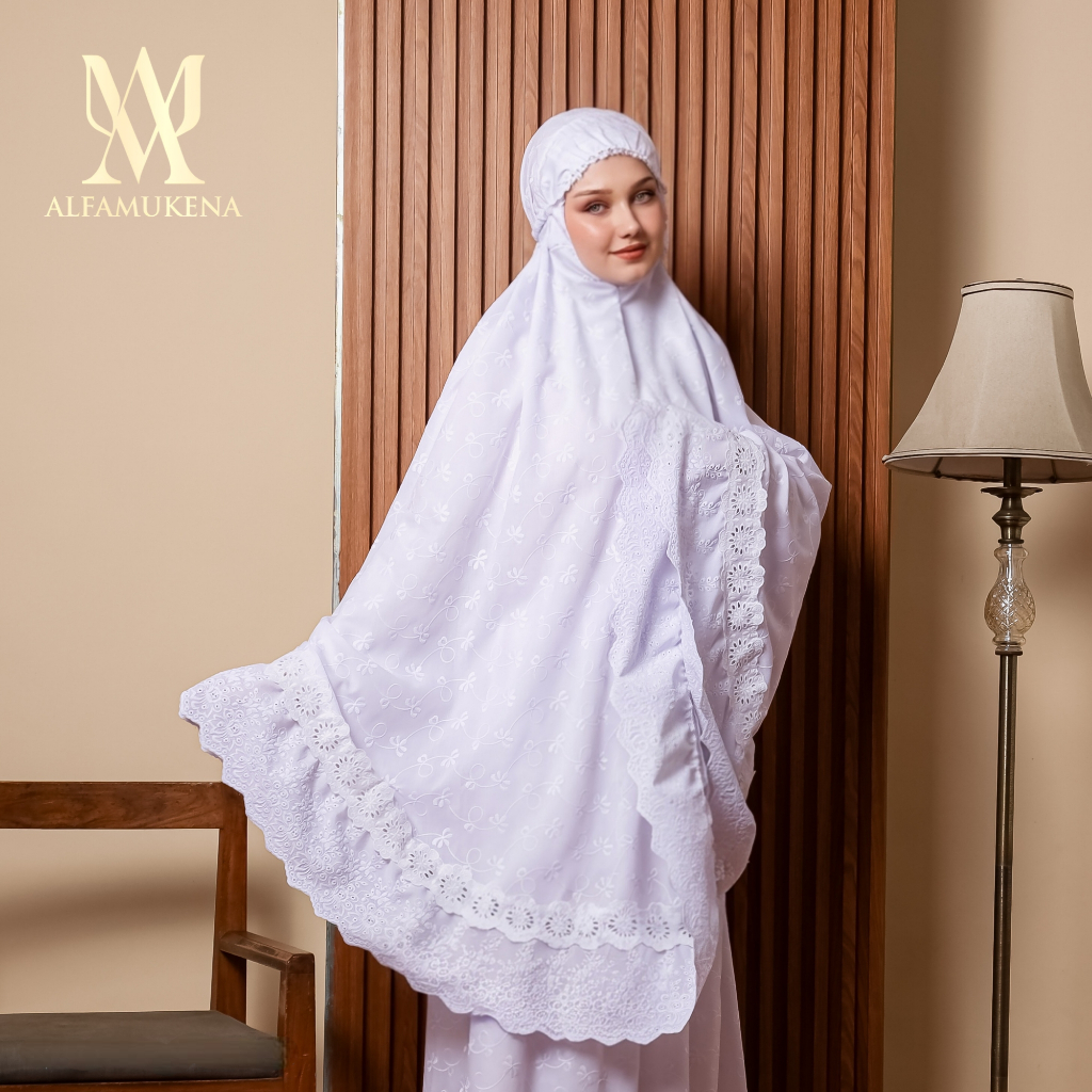 Mukena katun paris putih bunga timbul motif renda rempel