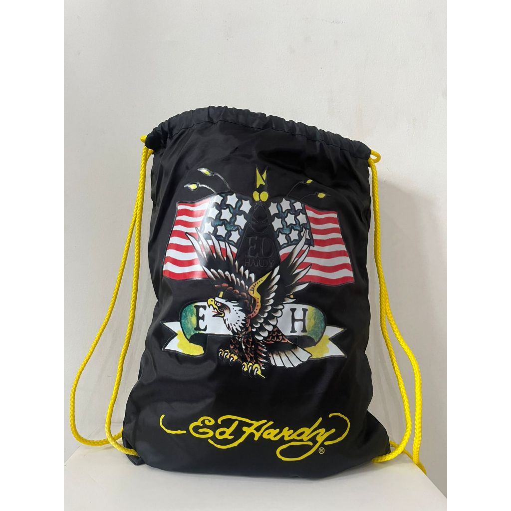 Tas Serut Ed Hardy Eagle USA Flag – Drawstring Bag Pria Wanita Streetwear Hitam Keren