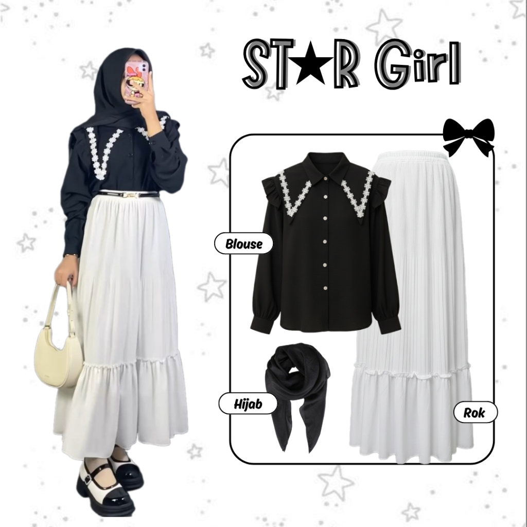 One Set Remaja Kekinian ( Kemeja Kerah Sailor + Rok Plisket Susun + Hijab Bela Square ) OOTD Kuliah