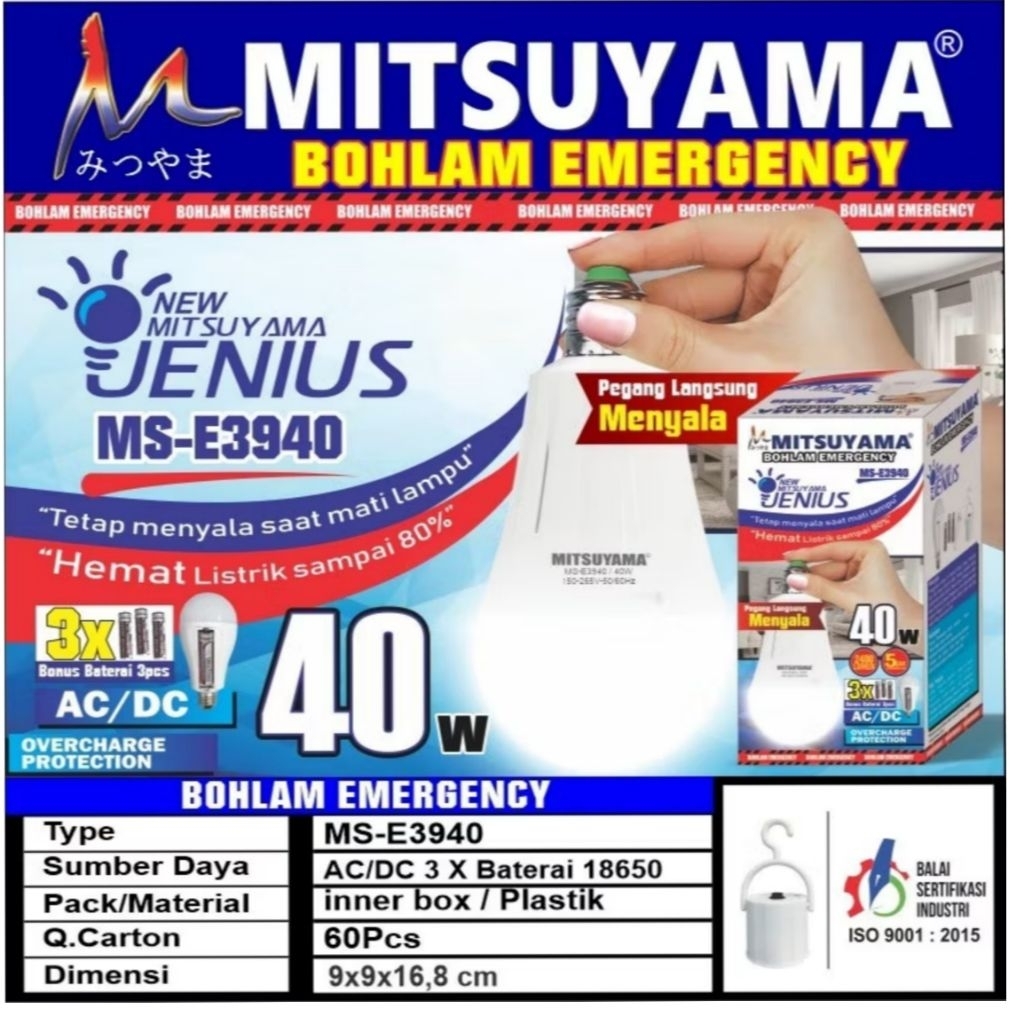 Bohlam Emergency Lampu Emergency LED 10w 15w 20w 30w 40w 50watt Mitsuyama Jenius (MS-E39xx)