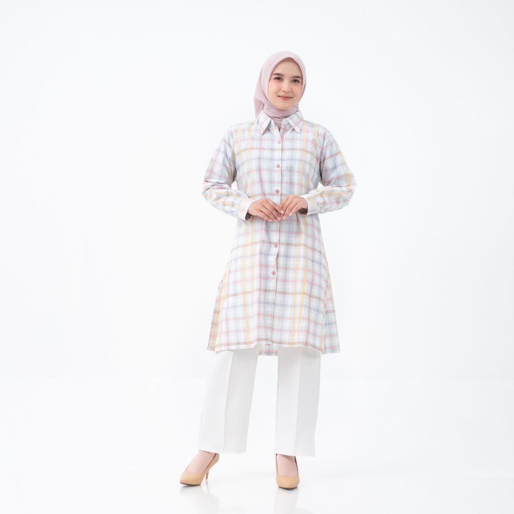 Kemeja Tunik Motif Kotak Wanita  Atasan Panjang Motif Kotak Premium Lengan Panjang Casual - Motif 1
