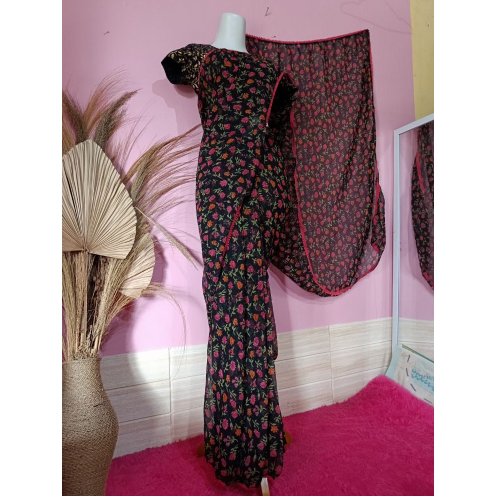 BAJU INDIA/ SAREE INSTAN SHIFON HITAM BUNGA2/ LEMBUT CANTIK