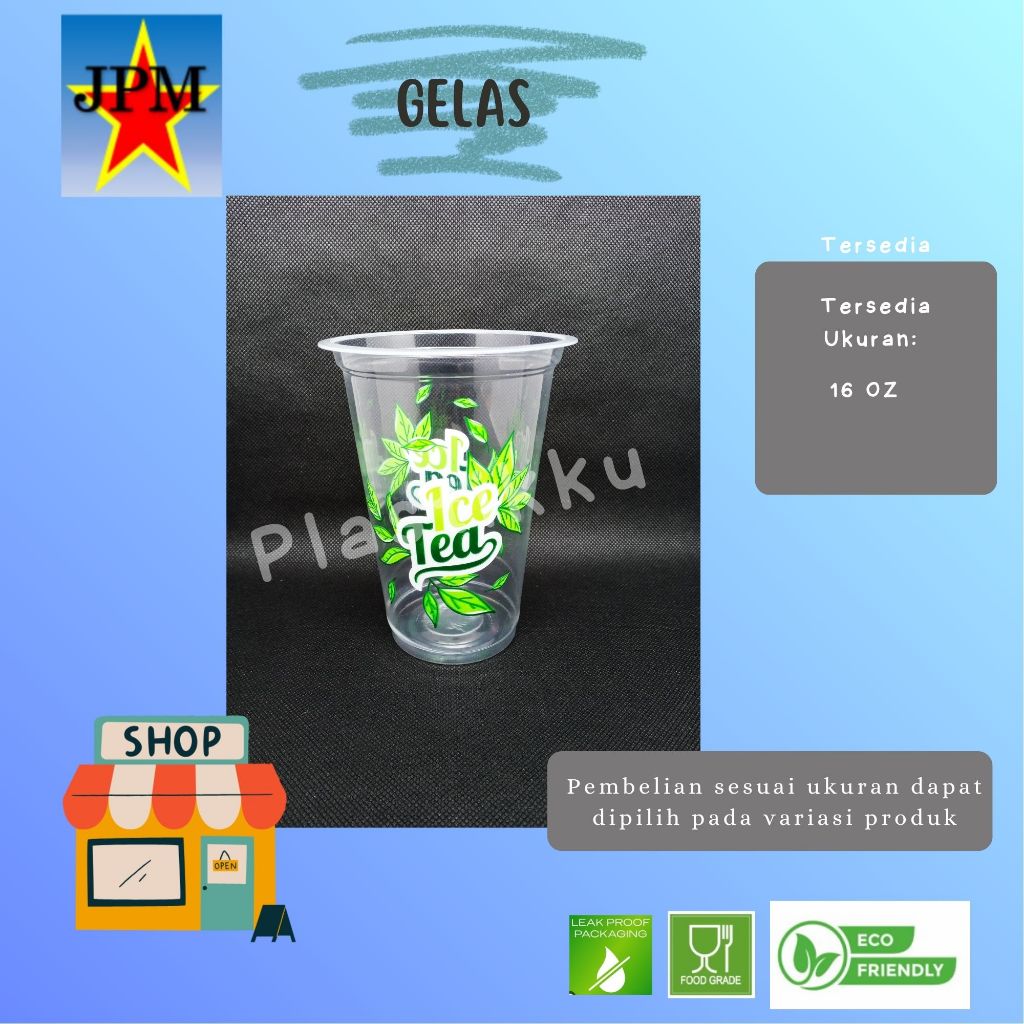 Gelas Plastik 16 OZ Merk Starindo Dan Euro Isi 50 Pcs / Gelas Buah / Gelas Motif / Gelas Motif Daun 