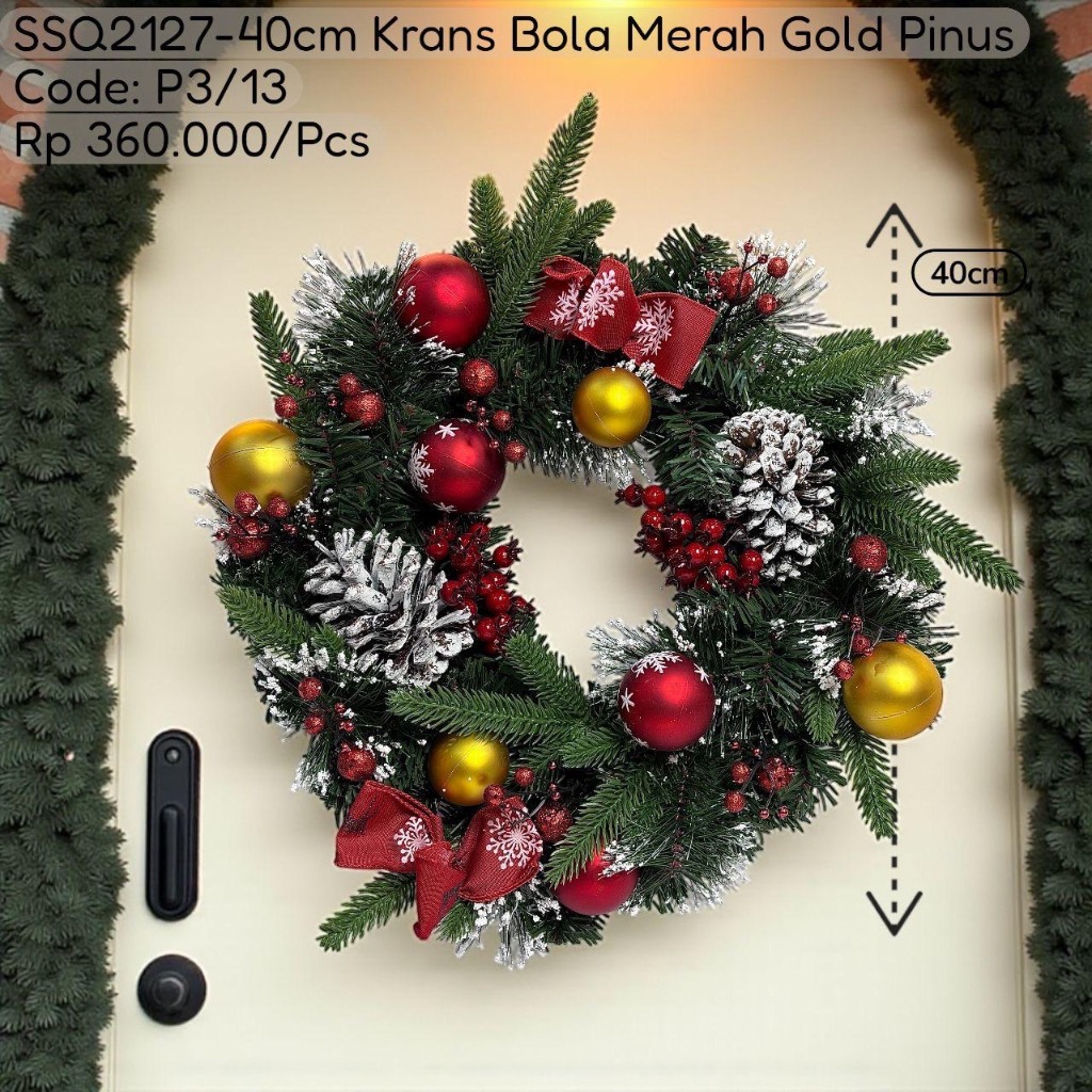 Krans Natal Bahan PE Bola Merah Gold Pinus Jumbo 40cm/ Hiasan Natal Dinding / Dekorasi Natal