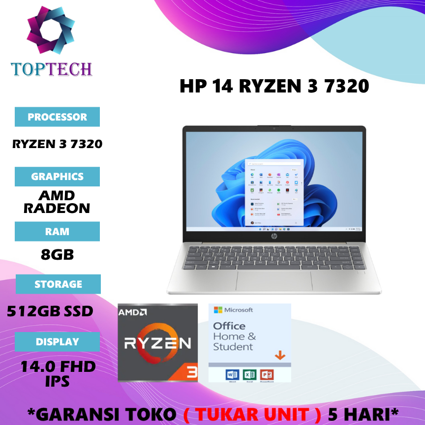 LAPTOP HP 14 EM0530AU/EM0531AU Ryzen 5 7530U RAM 8GB SSD 512GB 14 FHD W11+OH2024+M365