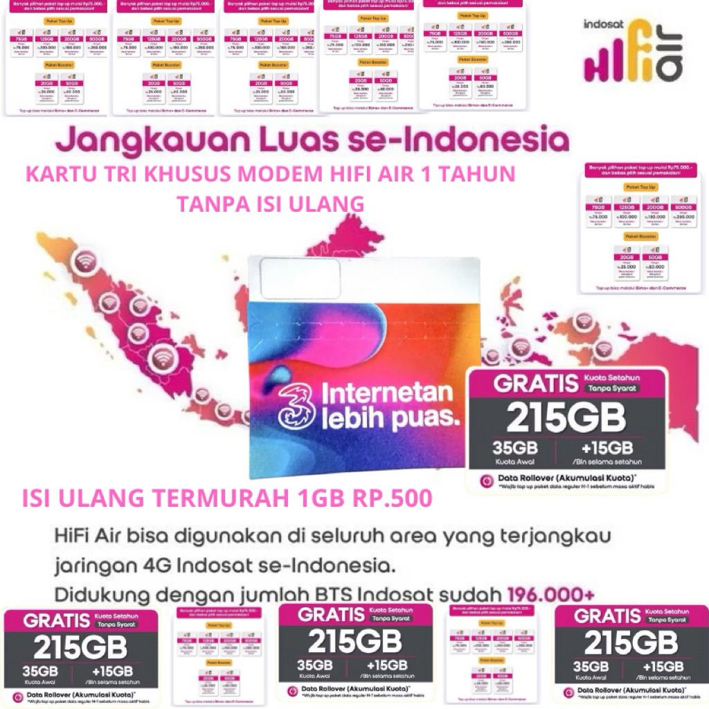 Kartu Perdana Tri 215GB Setahun perdana XL Go 25GB Khusus Modem Hifi air Orbit