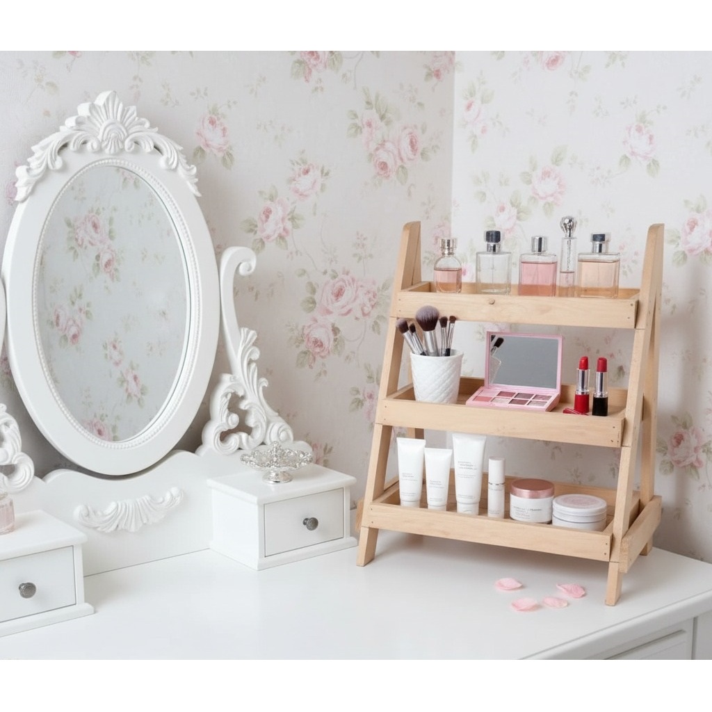 Rak Kosmetik Meja Rias 3 Susun — Rak Bumbu Kayu Multifungsi / Rak Estetik untuk Dapur & Kamar