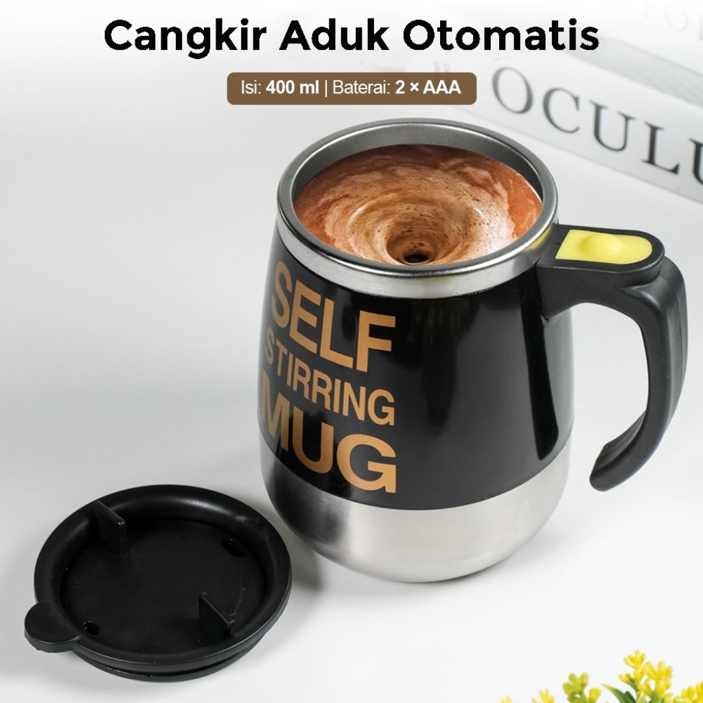 Mug Aduk Otomatis 400ml Self Stirring Mug Elektrik Baterai AAA – Gelas Kopi Ajaib Praktis untuk Minu