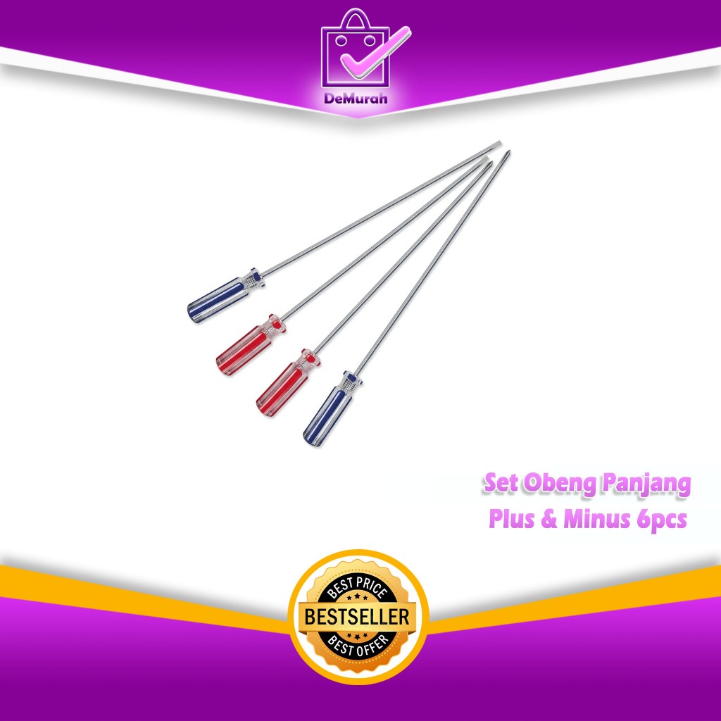 Set Obeng Panjang Plus & Minus 6 Pcs | Gagang Transparan Merah Biru – Obeng Baja Presisi A267