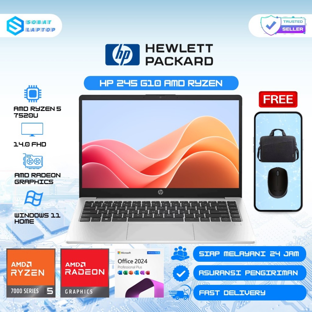 Laptop Gaming Hp 245 G10 AMD Ryzen 3 7320U 8GB 512GB SSD 14.0 FHD FP Windows 11 Original Terbaru