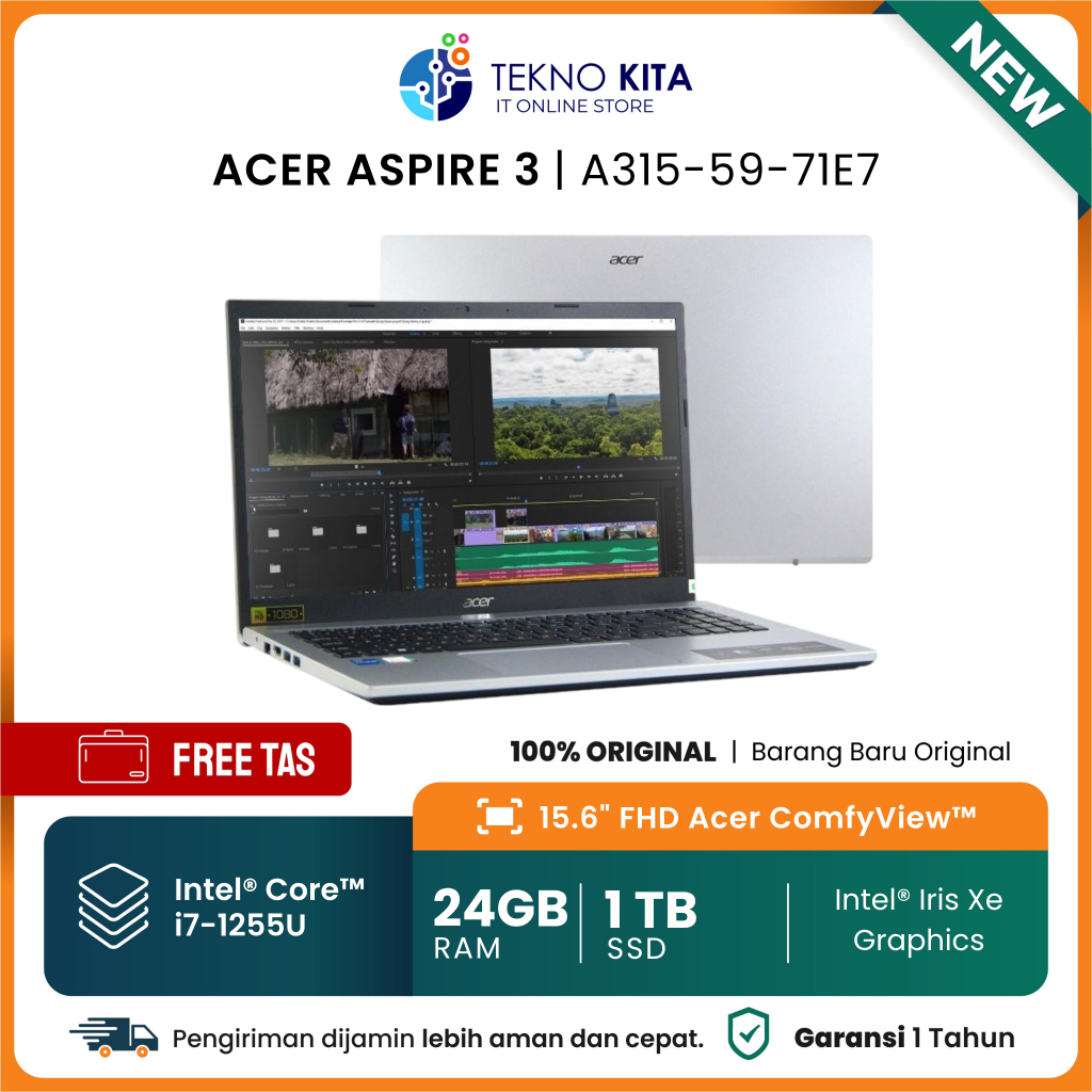 Laptop Core I7 SSD 1TB [Core I7-1255U | 24GB | 1TB SSD | Intel Iris Xe | WiFi6 | 15.6" FHD | Garansi