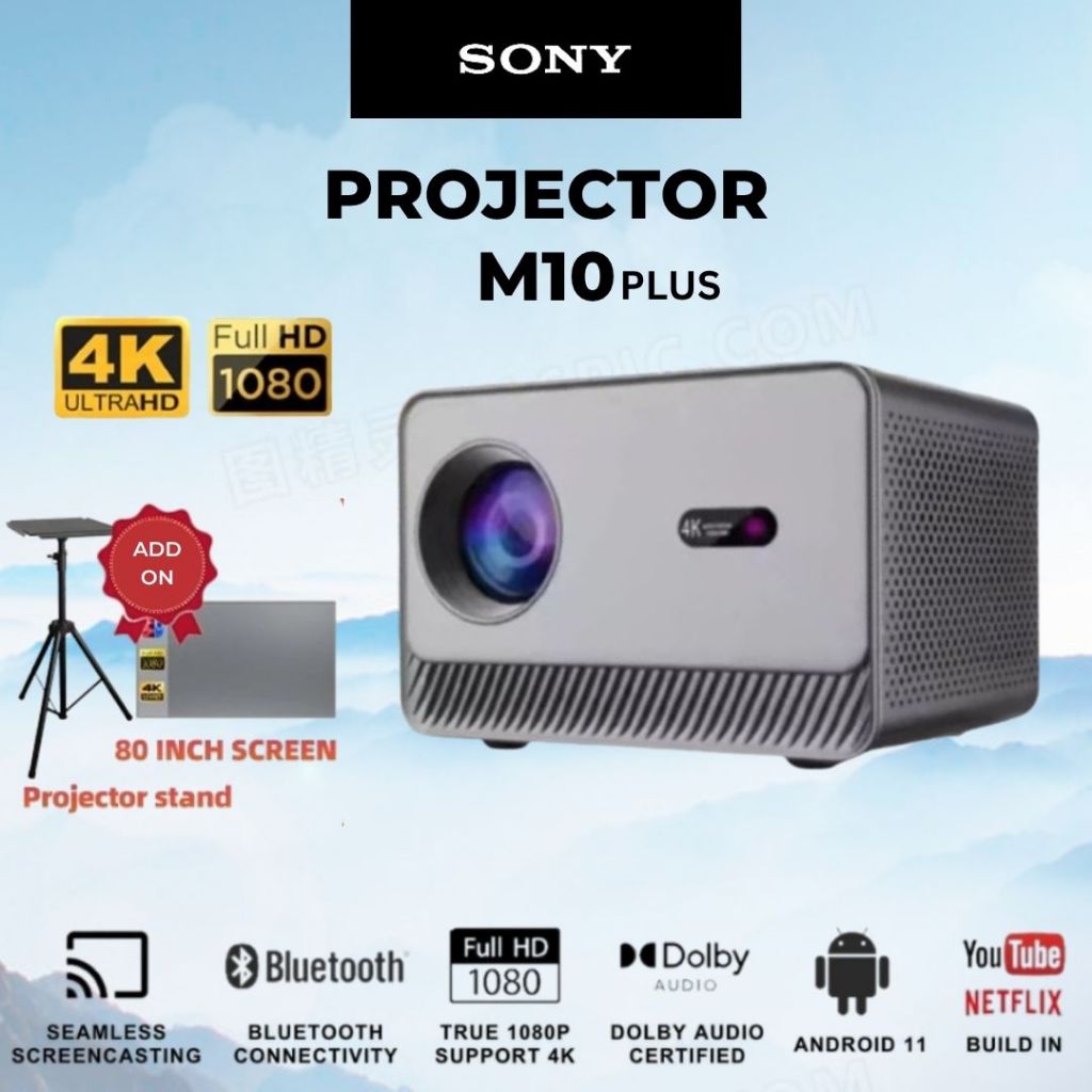 Proyektor M10 Plus Android 11.0 Mendukung UHD 4K Home Theater Fokus Otomatis Wifi Ganda TV HDR Proye