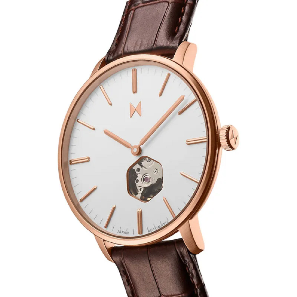 Jam Tangan Pria Casual Man Watch MVMT Legacy Slim Men Automatic Brown Leather Strap Open Heart Dial 