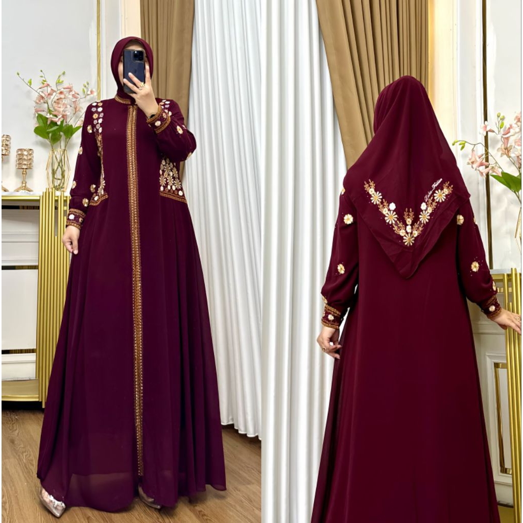 Model baju gamis lebaran set hijab//pakaian wanita muslimah//Gamis bordir ceruty babydoll premium